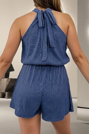 Tied Textured Pocketed Sleeveless Romper