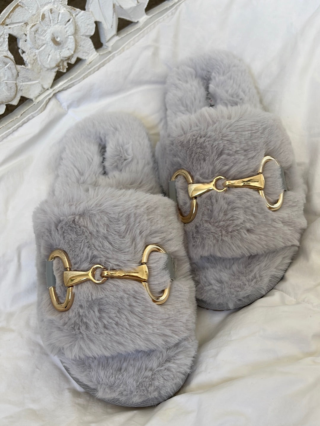 Kylie Fuzzy Slide Slipper in Grey