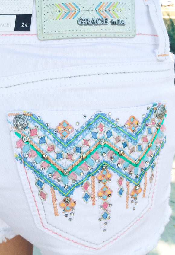GRACE IN L.A. TROPICAL VIBES HIGH WAIST SHORTS IN WHITE - decadenceboutique - 2