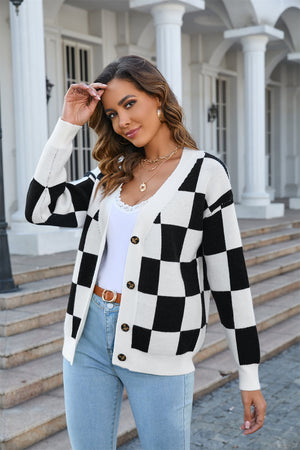 Button-Up Plaid V-Neck Dropped Shoulder Cardigan