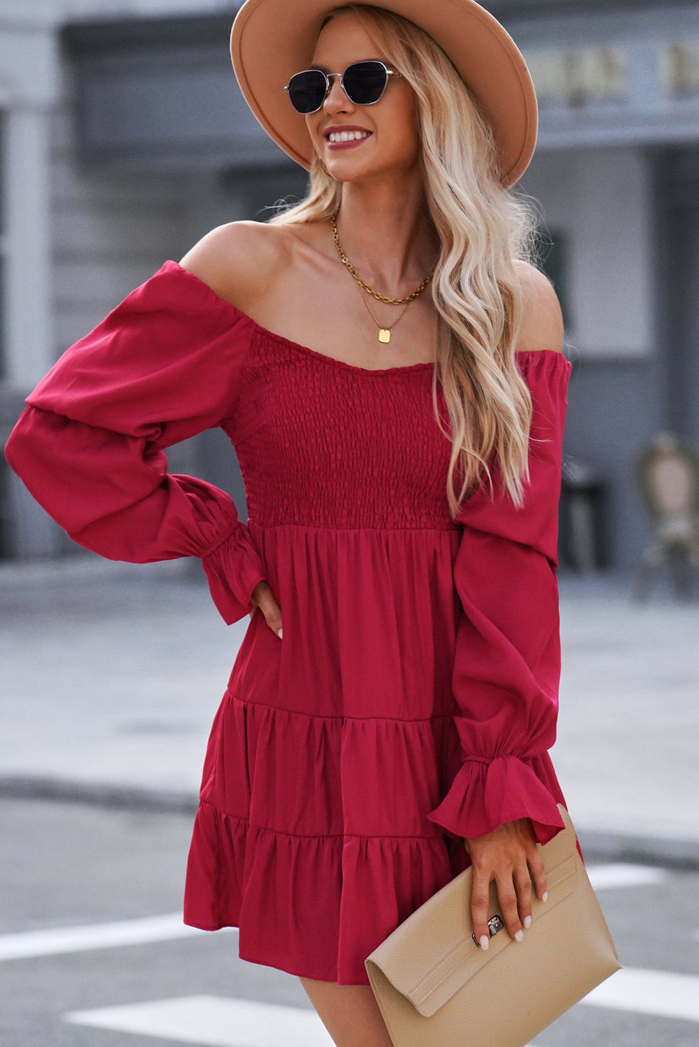 Smocked Off-Shoulder Tiered Mini Dress