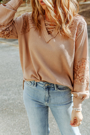 Crisscross V-Neck Waffle-Knit Top