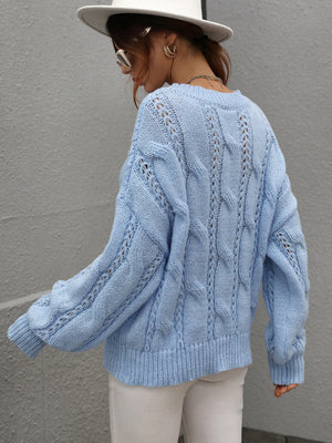 Cable-Knit Openwork Round Neck Sweater