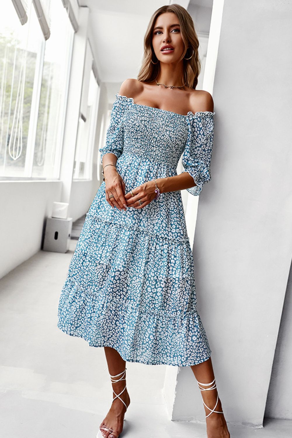 Ditsy Floral Off-Shoulder Smocked Midi Dress