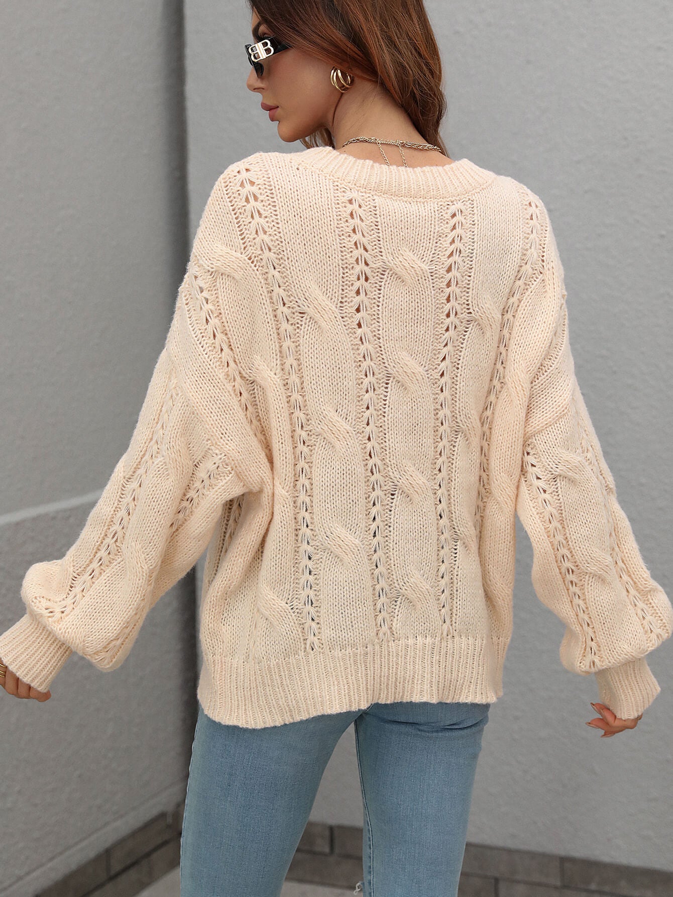 Cable-Knit Openwork Round Neck Sweater